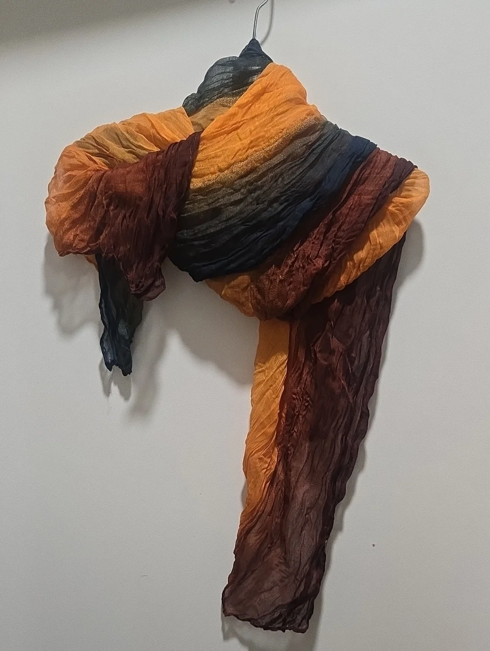 Crinkled Ombre Scarf in Mustard, Navy & Brown